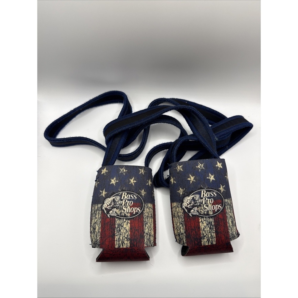 2 Bass Pro Shops Hands Free Neck Coolies in a patriotic American flag pattern